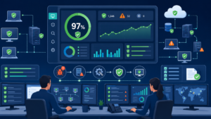 Flat vector showing tracking patch management status assets across servers, endpoints, and cloud devices. 