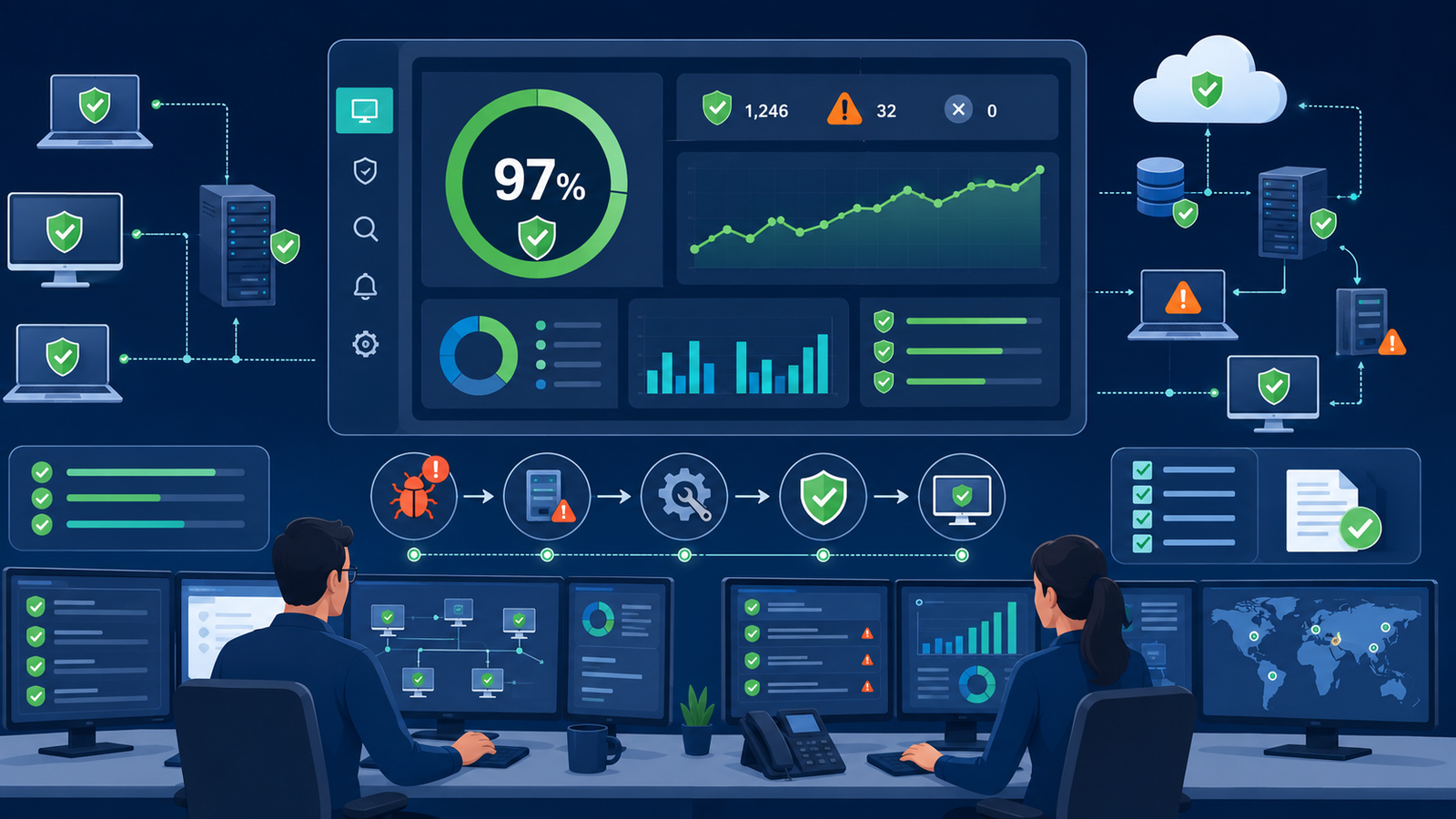 Flat vector showing tracking patch management status assets across servers, endpoints, and cloud devices. 