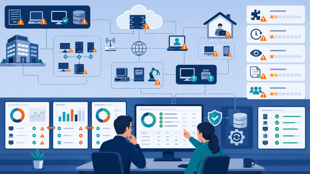 Security team tracking patch management status assets using centralized dashboards and asset health metrics.
