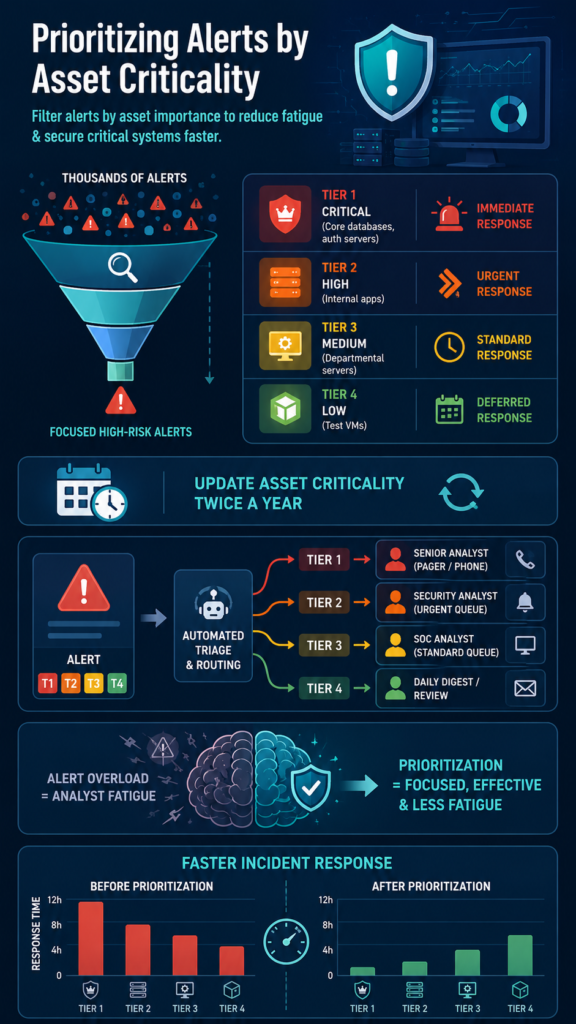 Infographic showing prioritizing alerts based asset criticality through risk scoring, asset classification, and response.