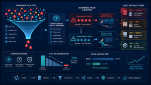Analyst prioritizing alerts based asset criticality using dashboards, risk scores, and security monitoring. 