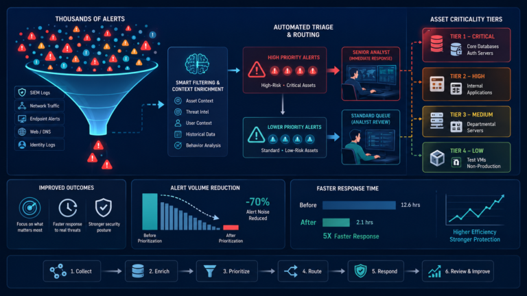 Analyst prioritizing alerts based asset criticality using dashboards, risk scores, and security monitoring.