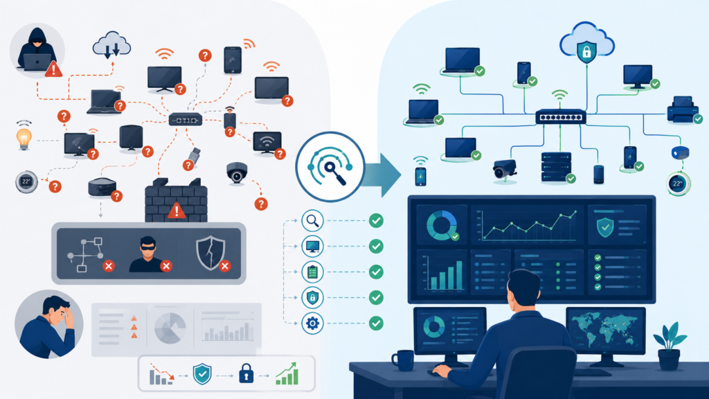 IT team identifying unmanaged Shadow IT devices to improve asset visibility and reduce hidden security risks.