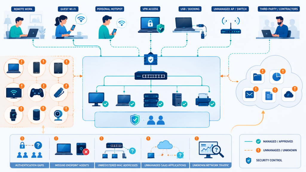 Security dashboard identifying unmanaged Shadow IT devices connected through unauthorized endpoints and cloud services.