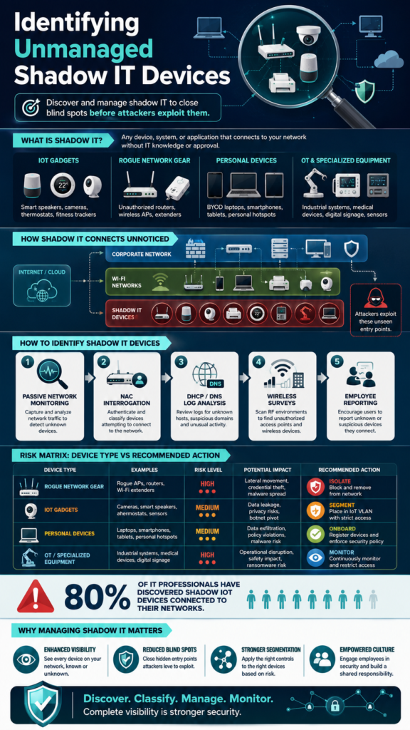 Infographic: Workflow for identifying unmanaged Shadow IT devices using continuous discovery, monitoring, and inventory management.