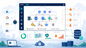 Cloud asset inventory management challenges visualized across fragmented cloud resources and disconnected security data sources. 