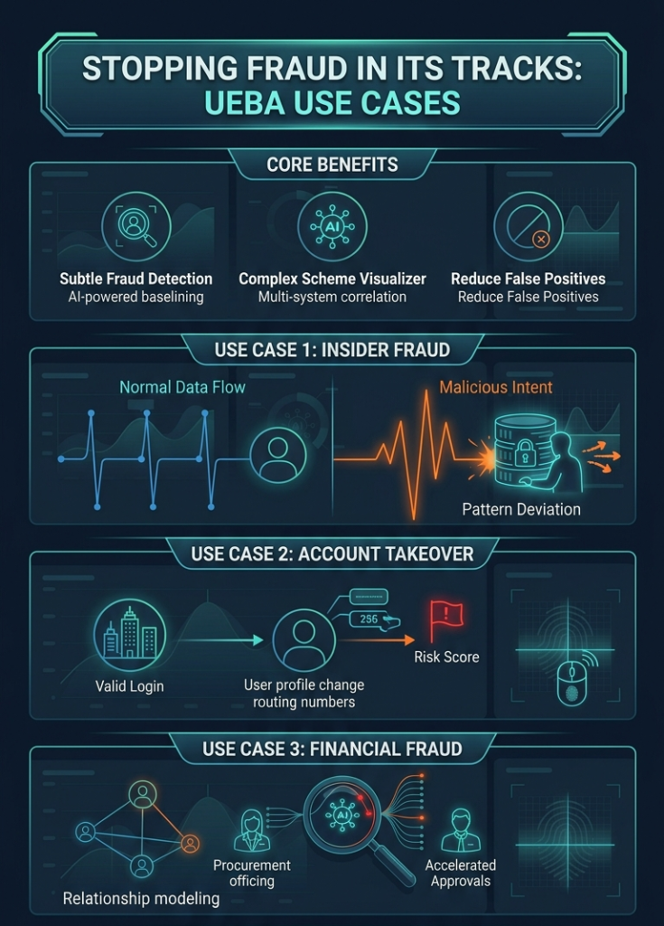 Infographic on common ueba use cases examples fraud detection, showing core benefits and implementation steps. 
