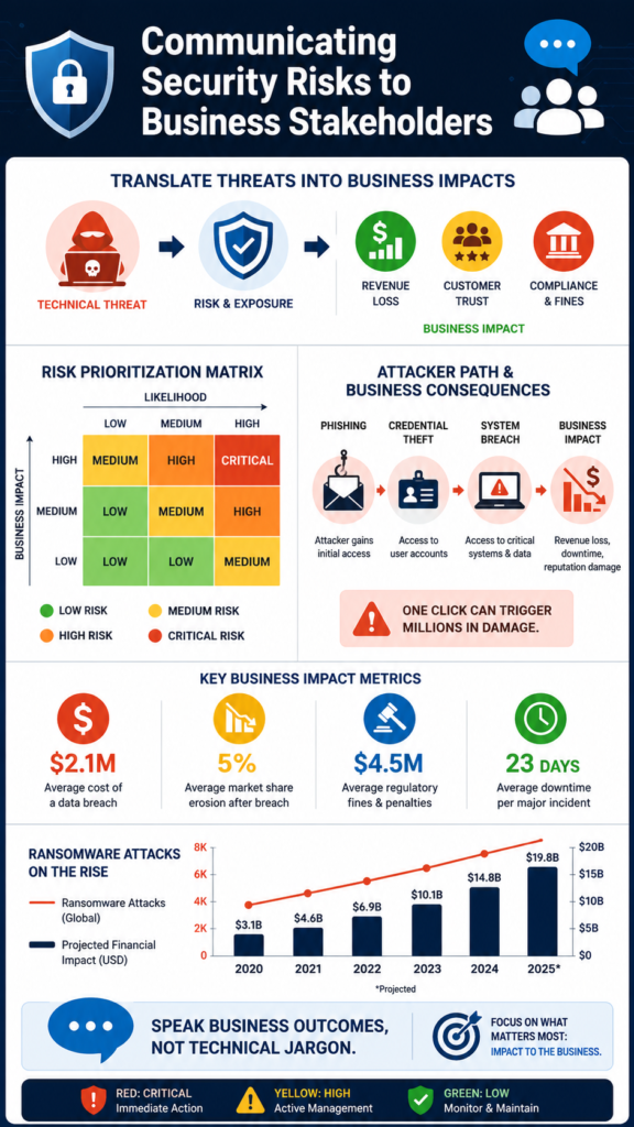Infographic explaining communicating security risks business stakeholders using risk metrics, compliance data, and business outcomes.