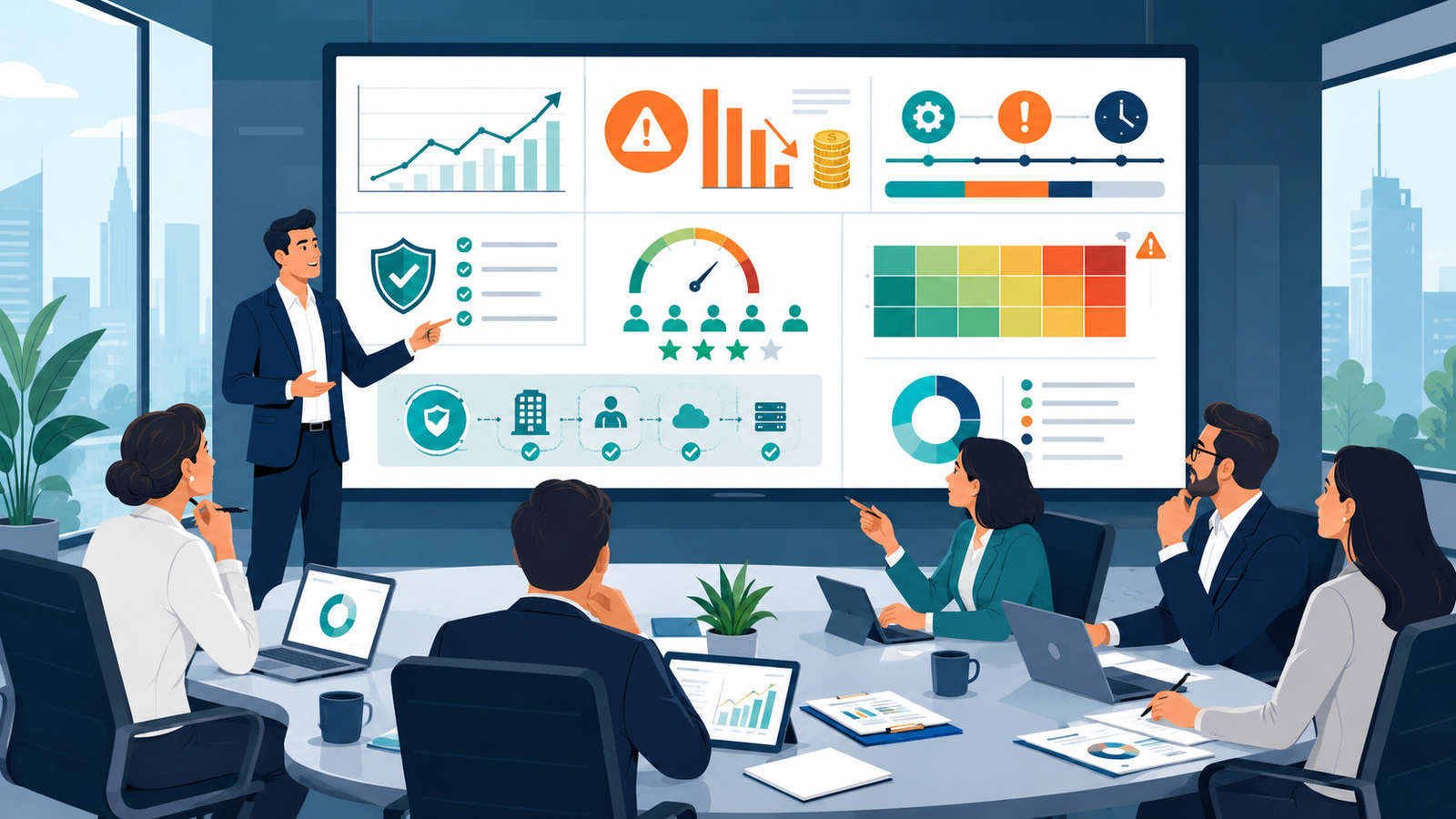 Communicating security risks business stakeholders through clear dashboards and executive-focused risk impact visuals. 