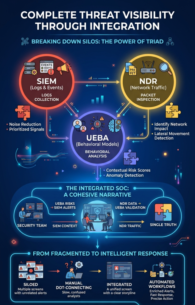Tech infographic on integrating UEBA data SIEM NDR to create unified enterprise security.