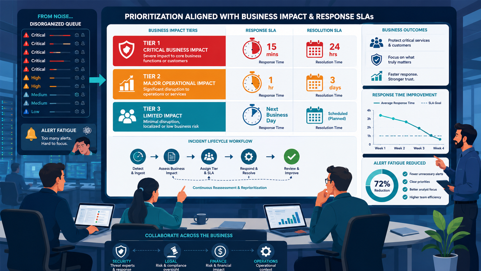 Vector illustration of aligning prioritization incident response SLAs using business impact and response workflows. 