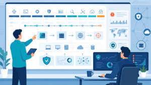 Analyst reviewing an att&ck adversary emulation plans dashboard showing attack chain stages and security icons