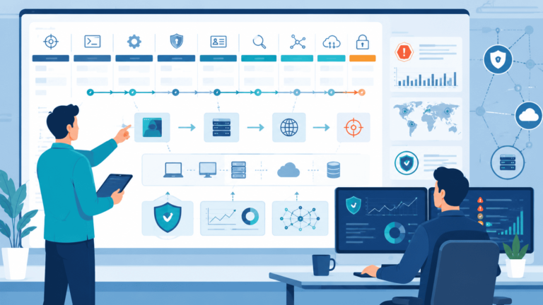 Analyst reviewing an att&ck adversary emulation plans dashboard showing attack chain stages and security icons