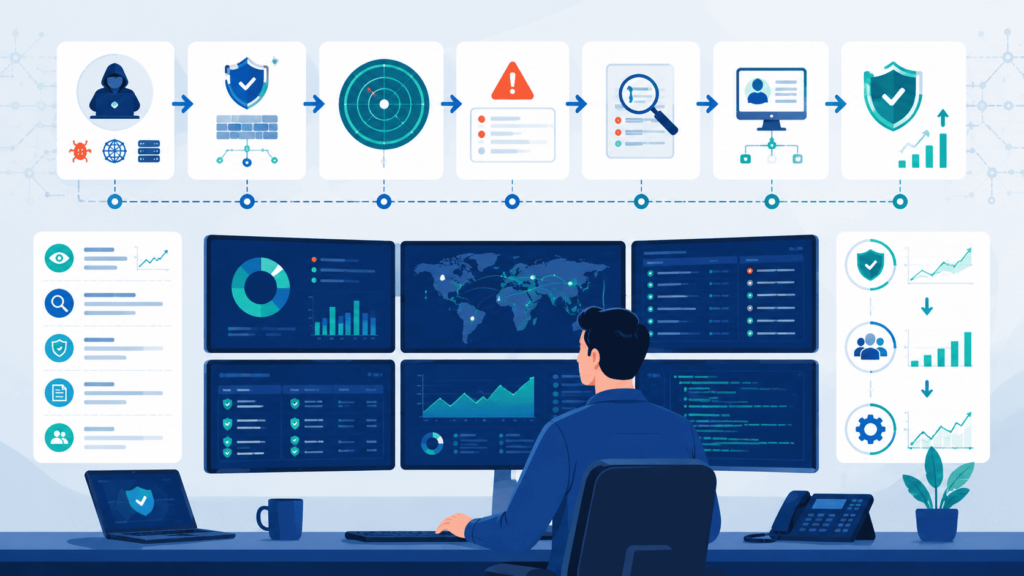 Analyst monitoring multiple screens while executing att&ck adversary emulation plans across a security timeline