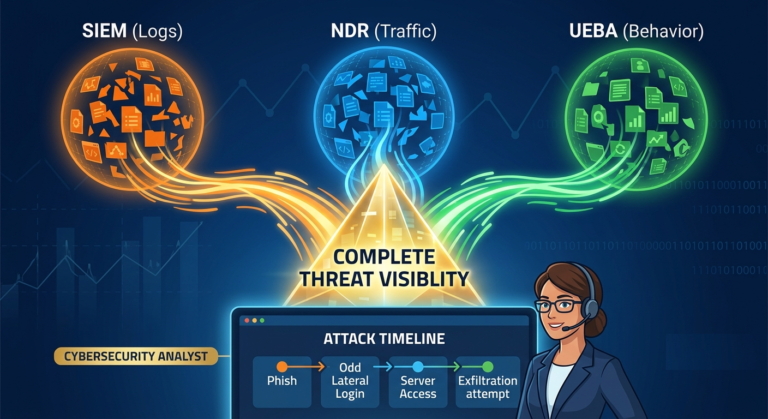 Diagram showing integrating UEBA data SIEM NDR for comprehensive cyber threat detection. 