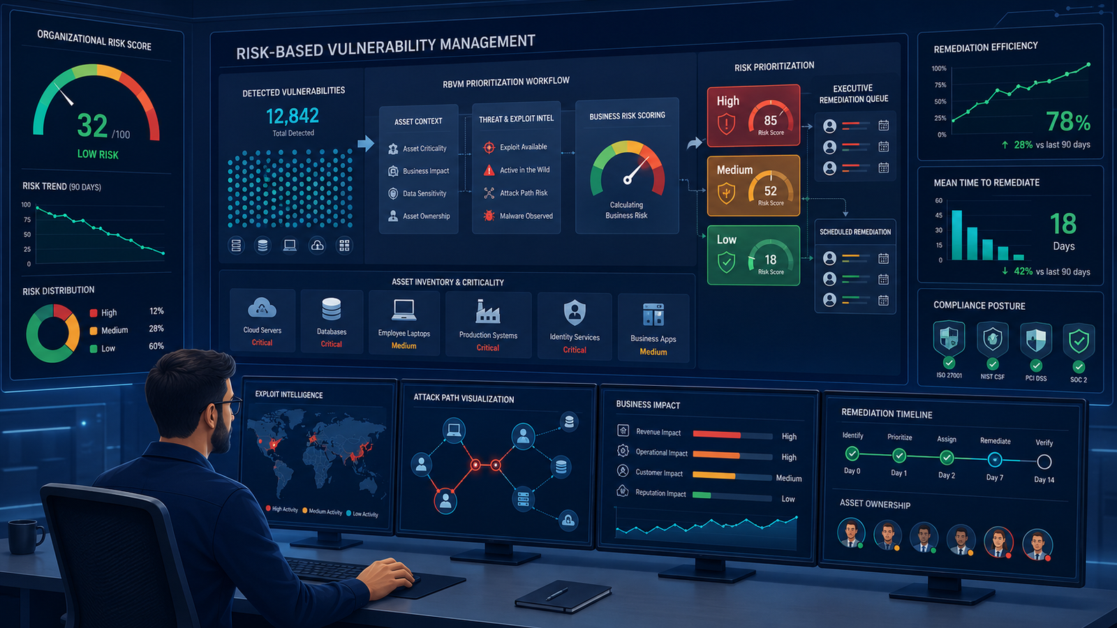 Risk based vulnerability management RBVM approach prioritizes critical assets using threat context and business risk. 