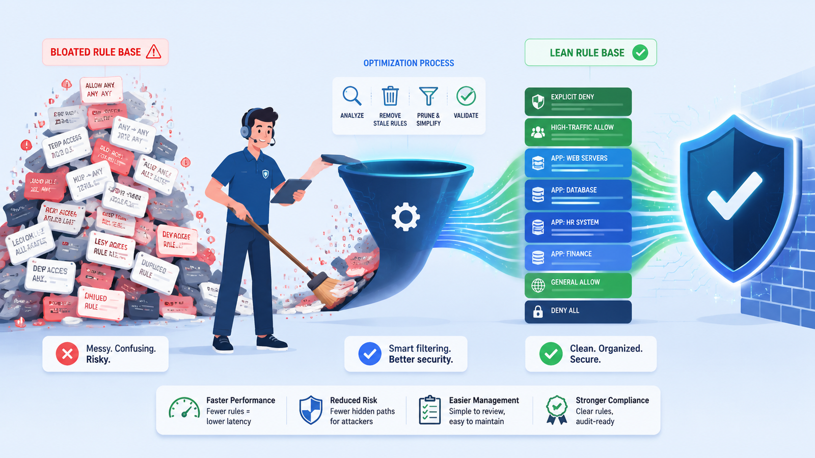 Firewall rule base best practices improve security by organizing, reviewing, and optimizing access controls. 