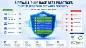 NGFW vs traditional firewall comparison showing organized firewall rule base protecting enterprise network traffic. 