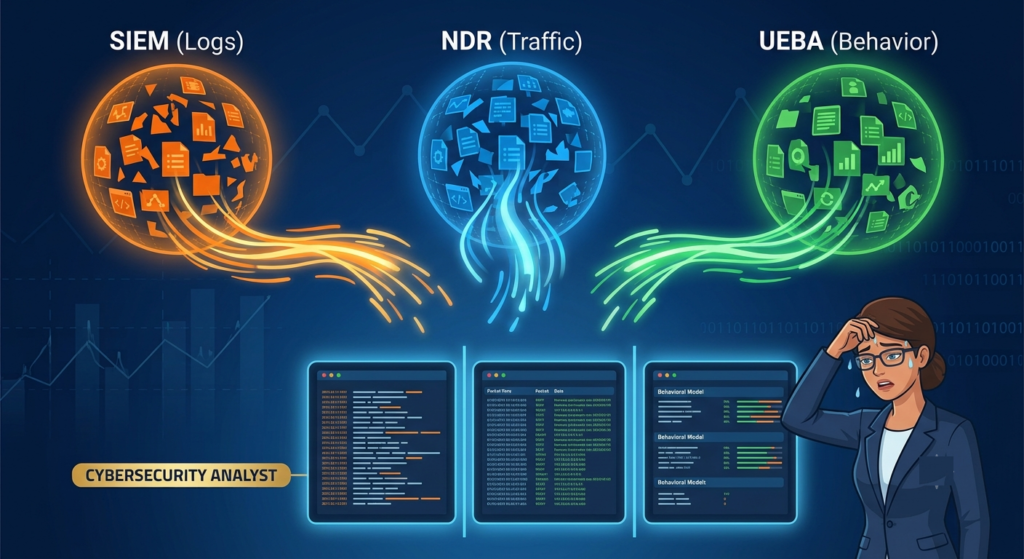 Security dashboard integrating UEBA data SIEM NDR to monitor network anomalies and user risks.