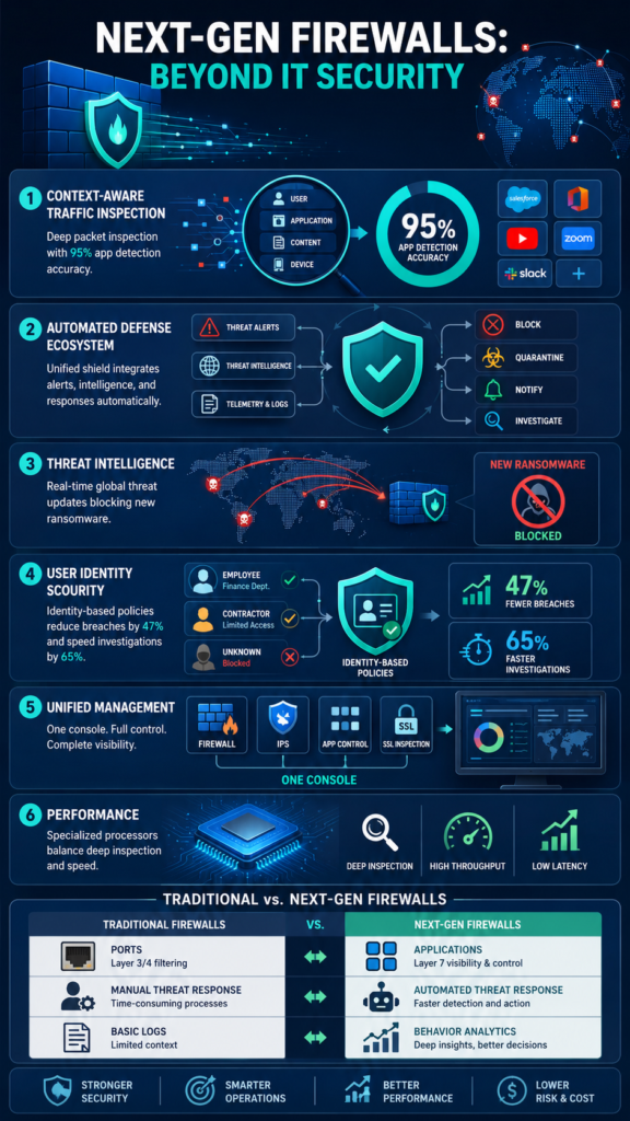 Infographic showing key features next generation firewalls use, including deep packet inspection and identity control. 