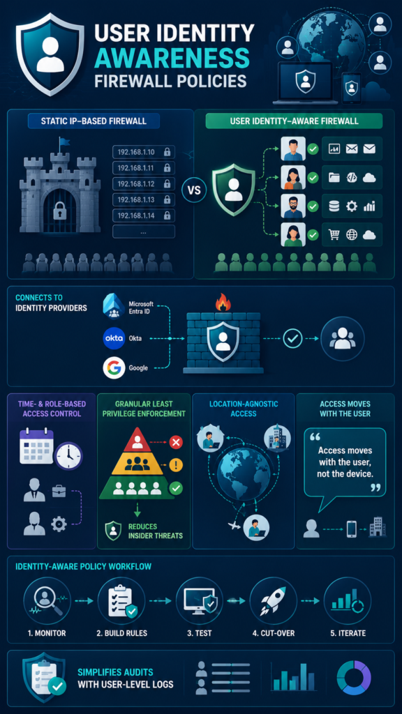 Infographic outlining user identity awareness firewall policies that connect network access to verified credentials. 