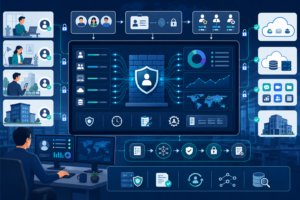 Diagram showing user identity awareness firewall policies managing remote employee access across dynamic locations. 