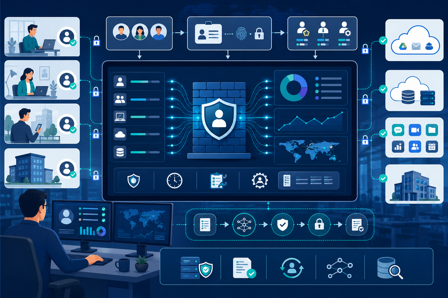 Diagram showing user identity awareness firewall policies managing remote employee access across dynamic locations. 