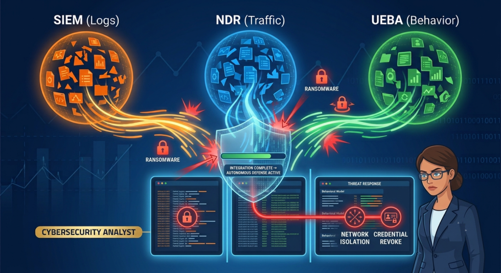 Flowchart illustrating the process of integrating UEBA data SIEM NDR into a central SOC.