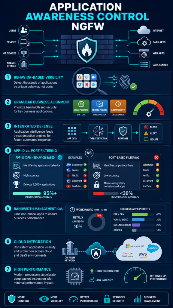 Infographic showing application awareness control ngfw features for granular network traffic management. 
