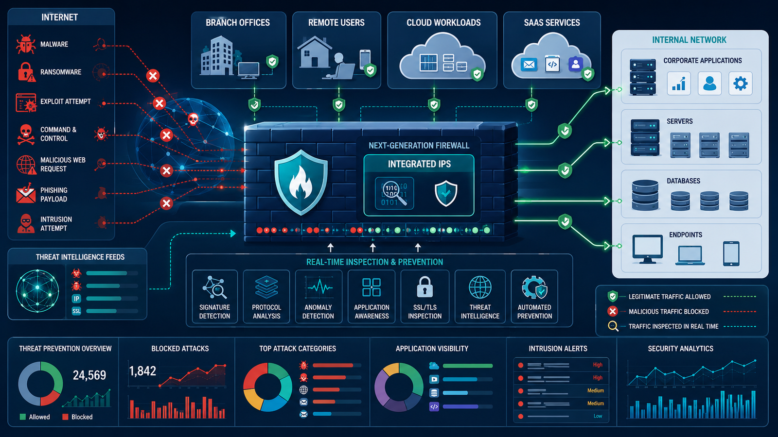 Diagram of an integrated intrusion prevention system ips filtering inline network traffic and blocking threat vectors. 