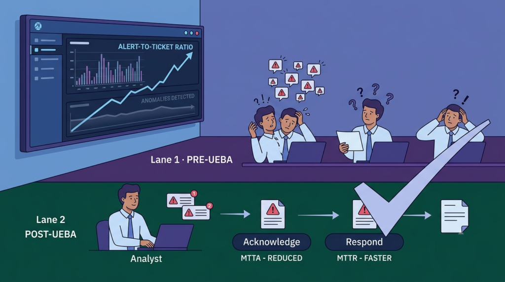 SOC workflow chart contrasting pre- and post-UEBA deployment considerations tuning challenges to reduce alert fatigue.