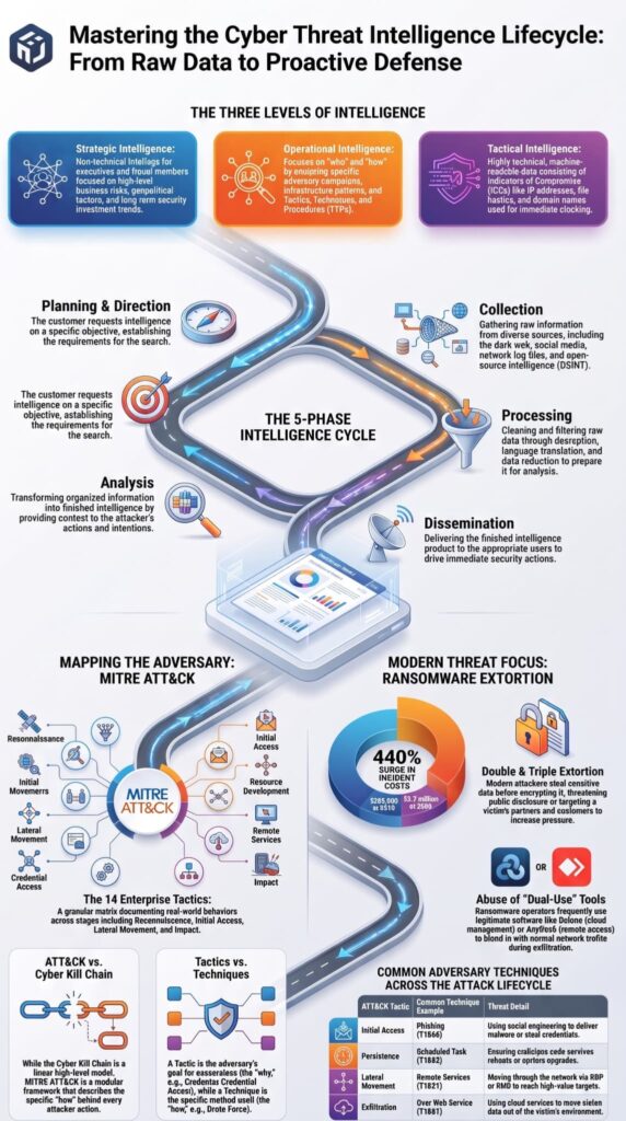 Infographic on understanding mitre att&ck matrix tactics techniques within the intelligence cycle.