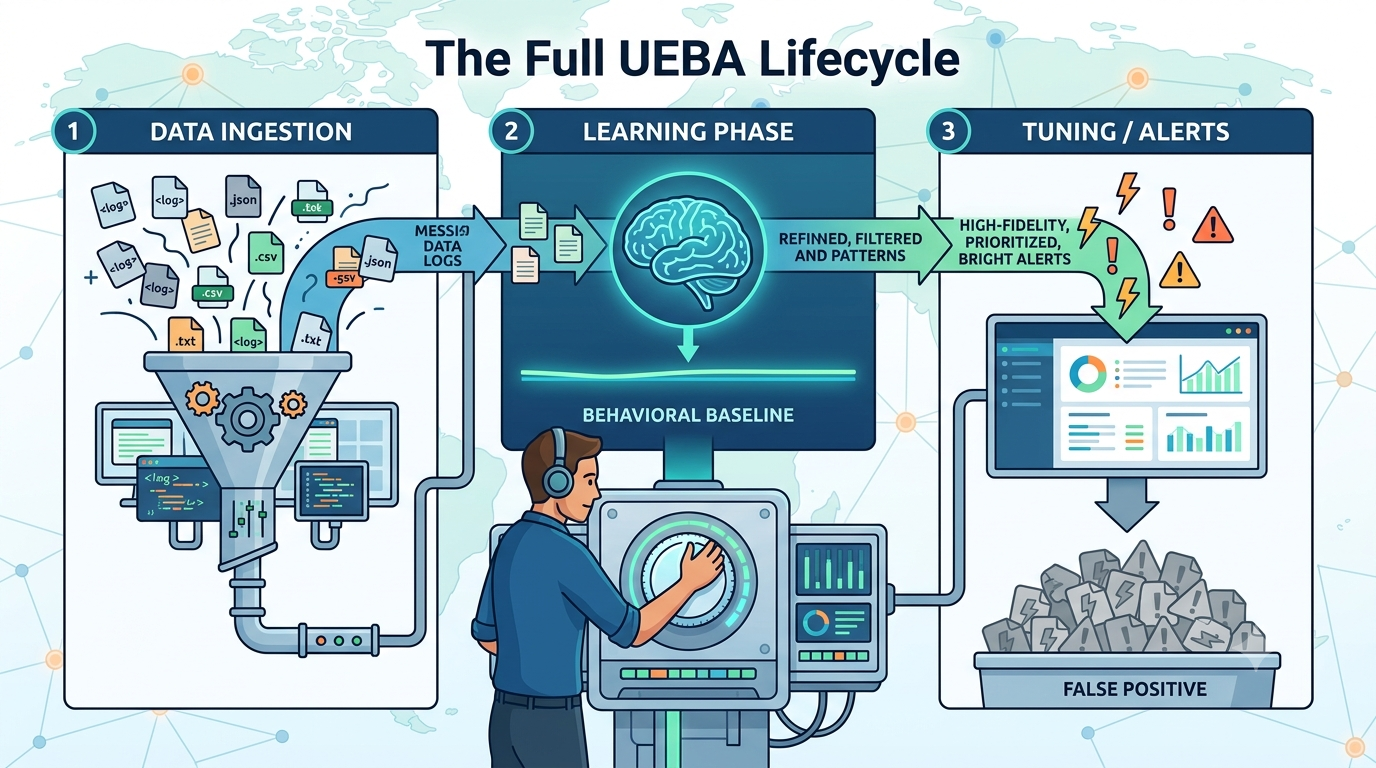 An analyst navigating UEBA deployment considerations tuning challenges via a data ingestion and baseline console. 
