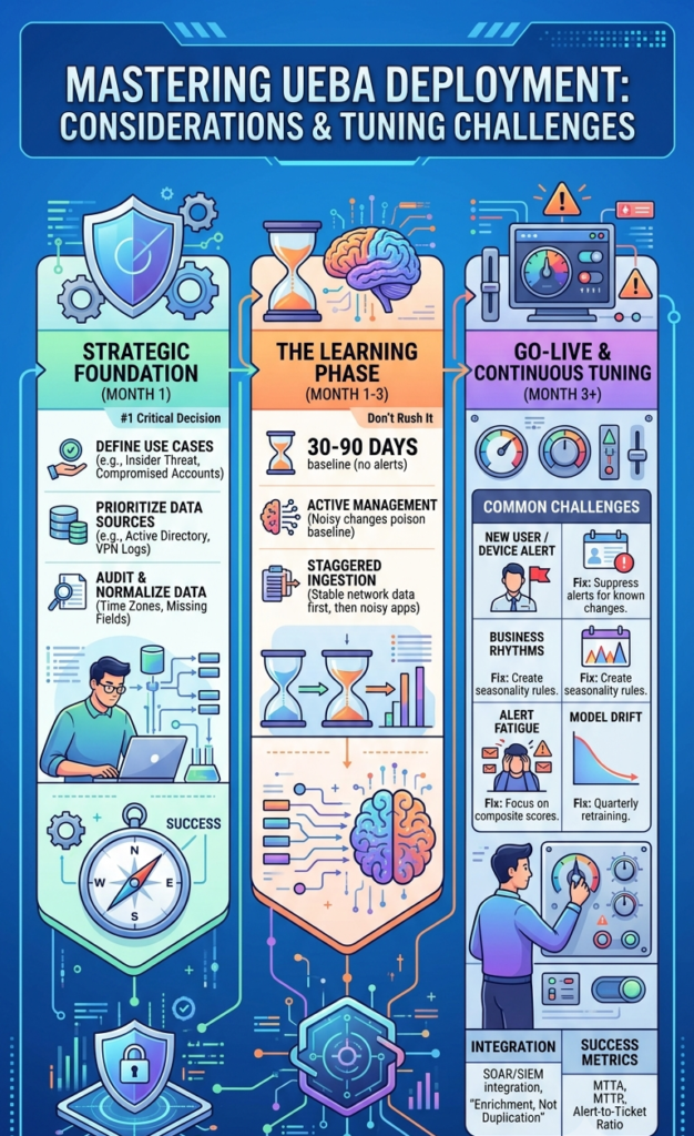 Infographic mapping out UEBA deployment considerations tuning challenges across data, learning, and go-live phases.