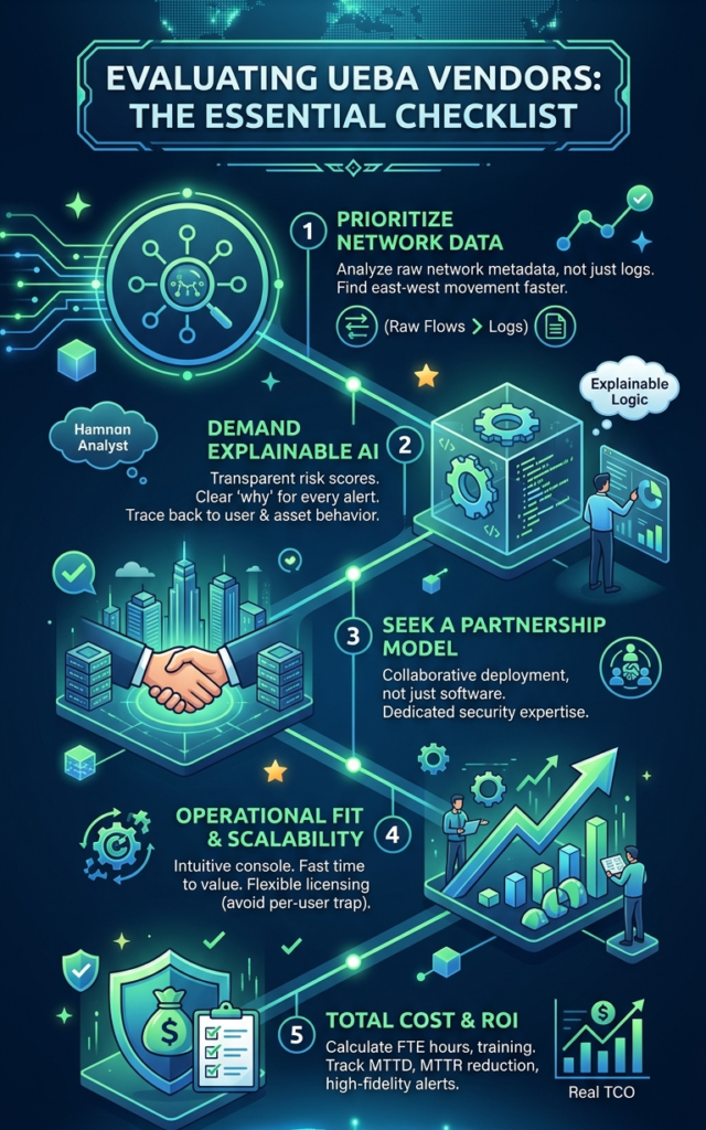 Checklist infographic for evaluating UEBA vendor solutions features to improve threat detection.