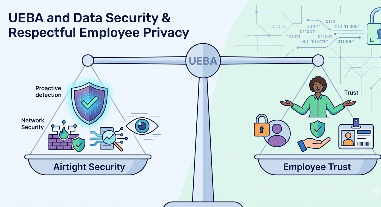 A diagram showing the tension and balance between airtight corporate security and employee privacy rights. 