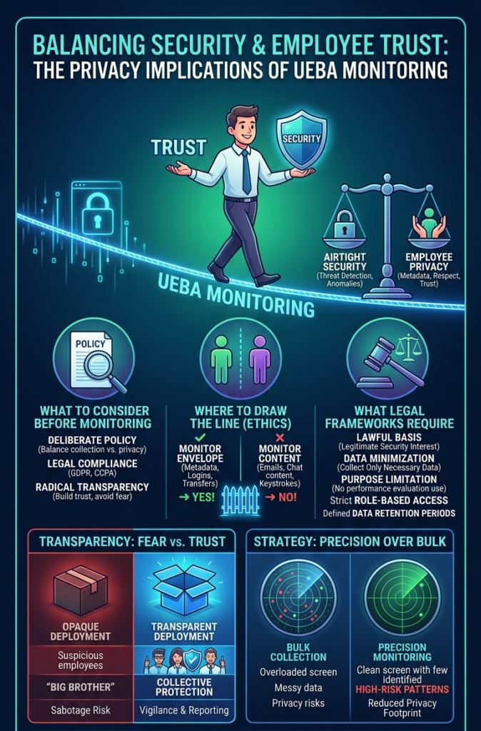 An infographic exploring the privacy implications of UEBA monitoring, balancing security with employee trust. 