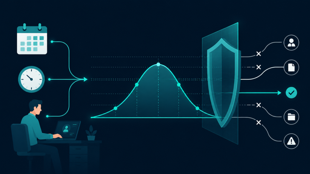 Flat illustration of a user routine forming a smooth, stable data baseline graph for behavioral tracking how ueba detects insider threats anomalies