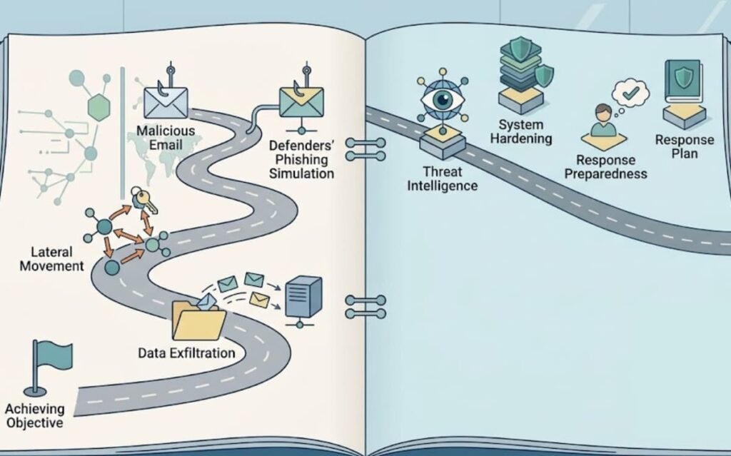 Storybook illustration mapping security controls att&ck framework from attack to defense stages.