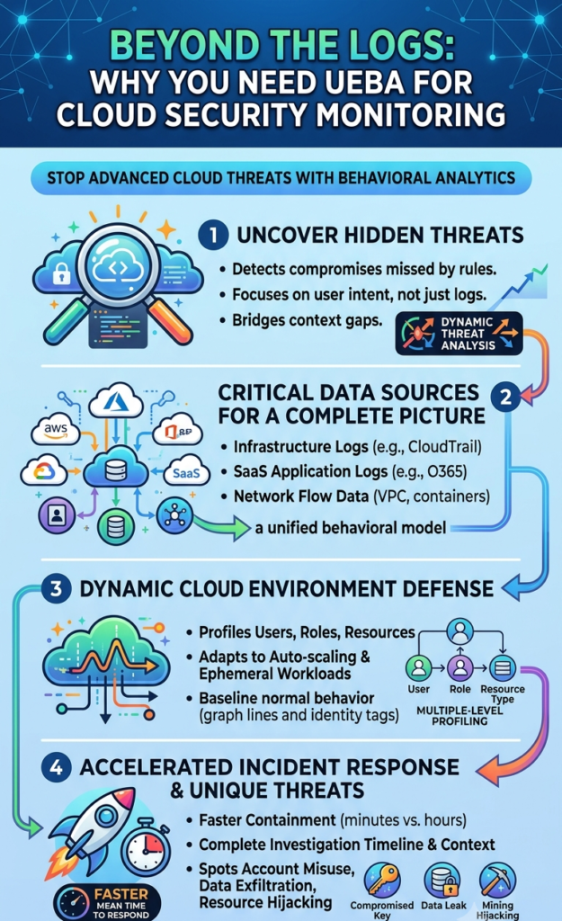 Infographic guide on implementing UEBA for cloud security monitoring to analyze behavioral threats and timelines.