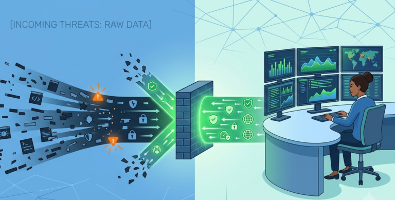 Vector art of an analyst Leveraging Threat Intelligence Feeds to pipe clean security data into a firewall.