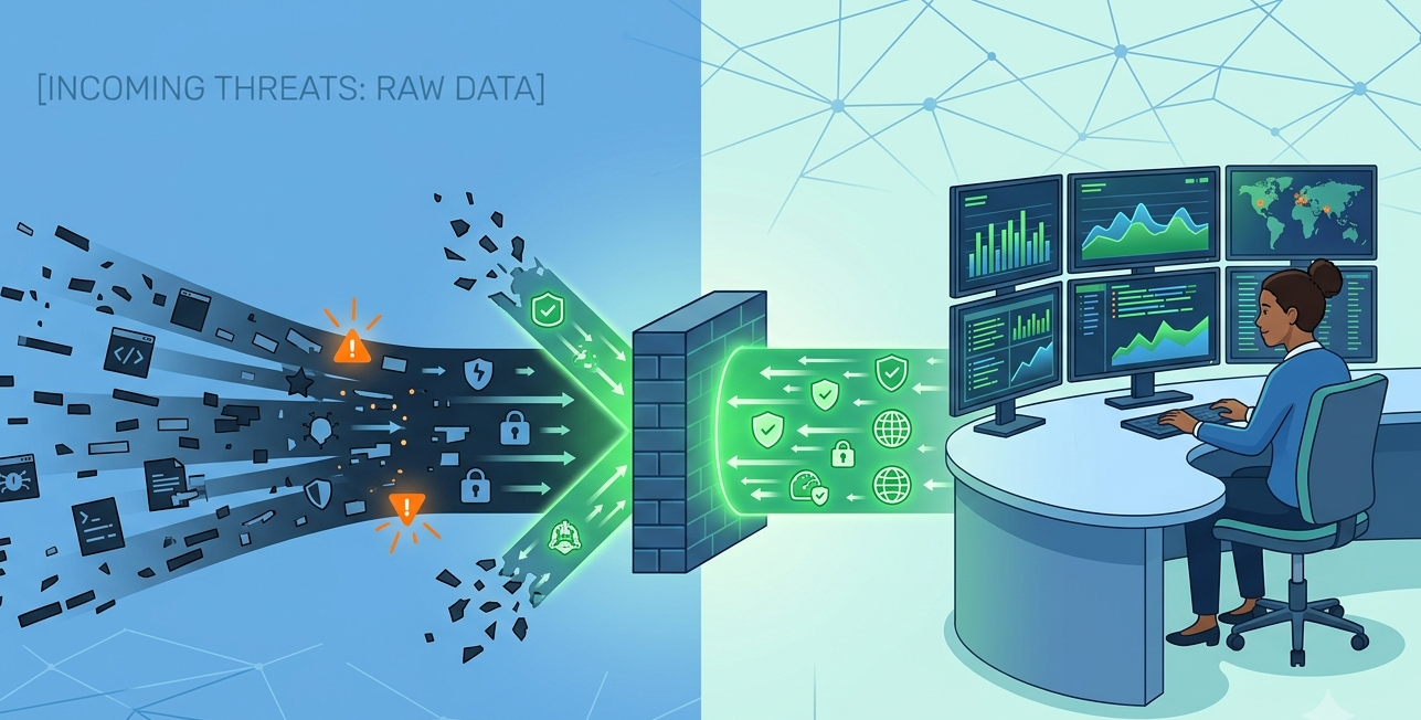 Vector art of an analyst Leveraging Threat Intelligence Feeds to pipe clean security data into a firewall. 