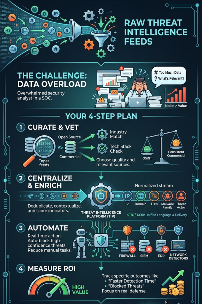 Infographic on Leveraging Threat Intelligence Feeds to filter, automate, and turn raw data into actionable defense.