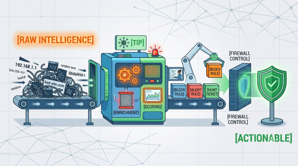 Conveyor belt pipeline showing how Leveraging Threat Intelligence Feeds converts raw data into active block rules.