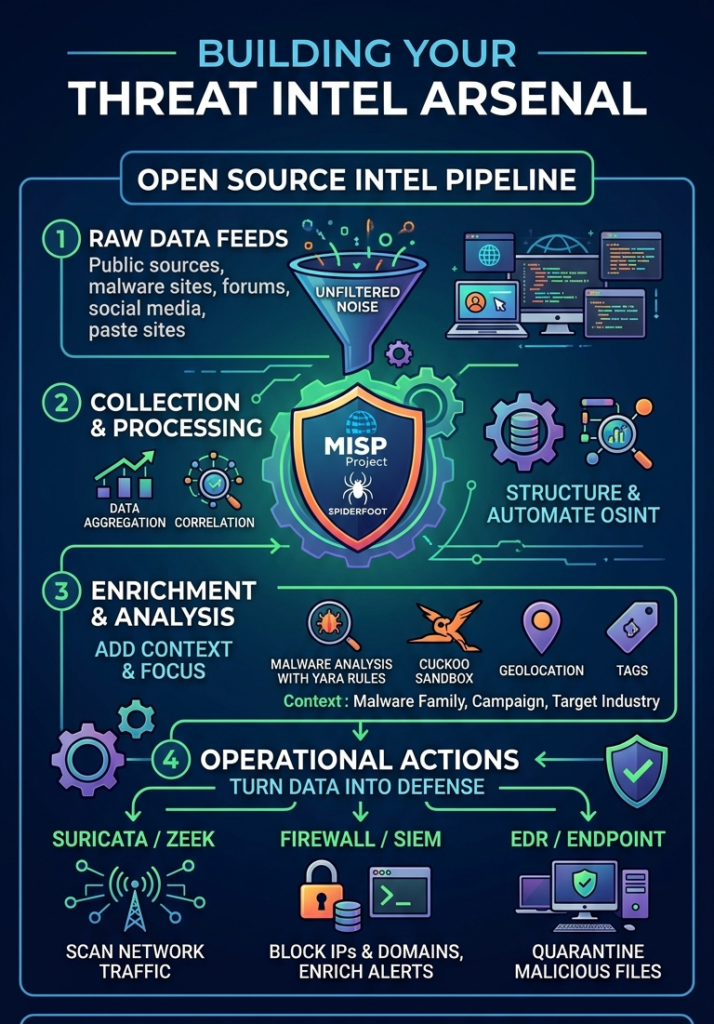 Infographic showing a pipeline for open source threat intelligence tools from raw data to active network defense.