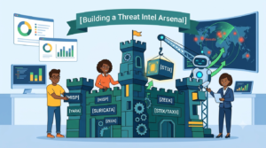 Team building a digital fortress representing an arsenal of open source threat intelligence tools. 