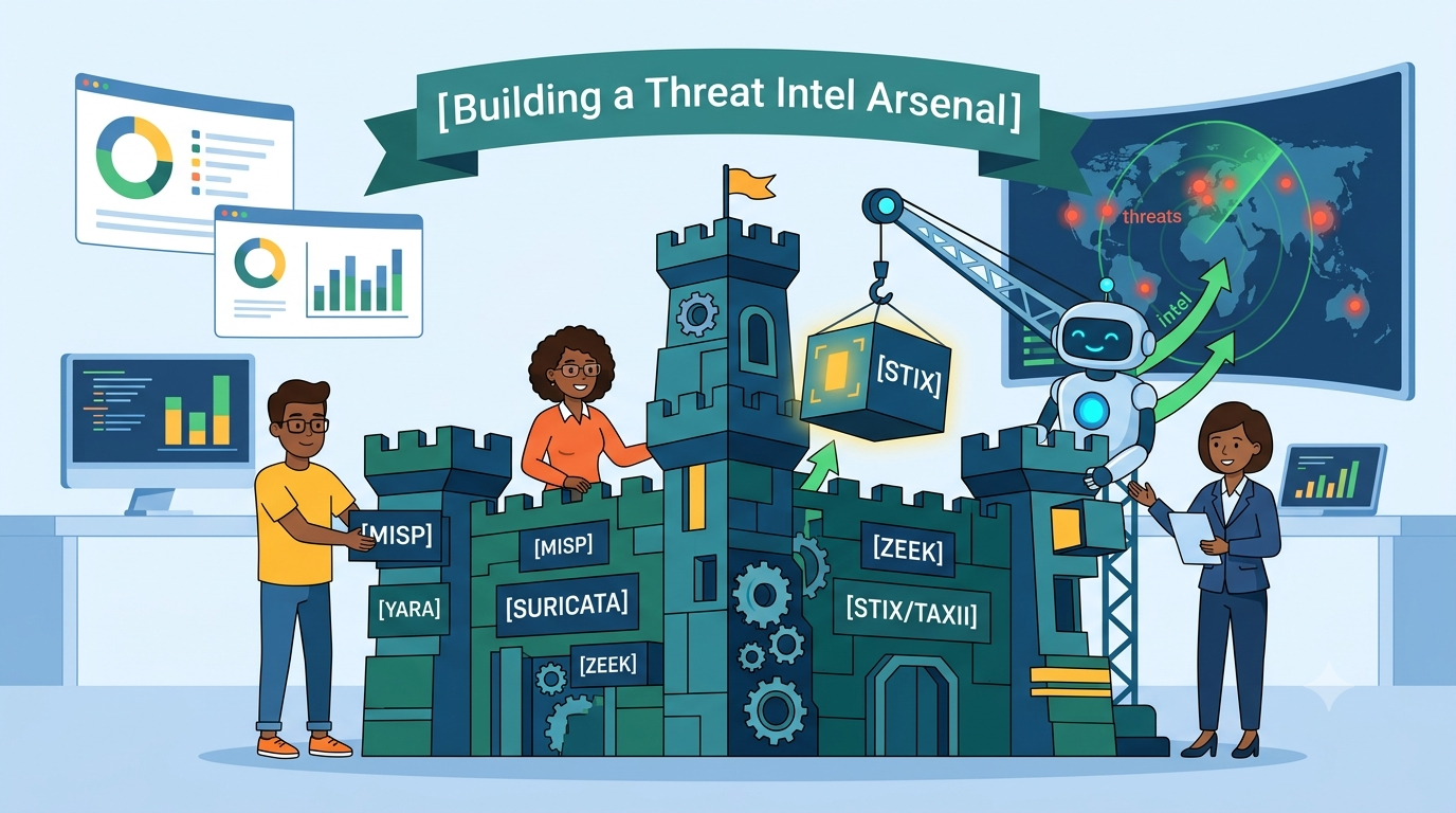 Team building a digital fortress representing an arsenal of open source threat intelligence tools. 