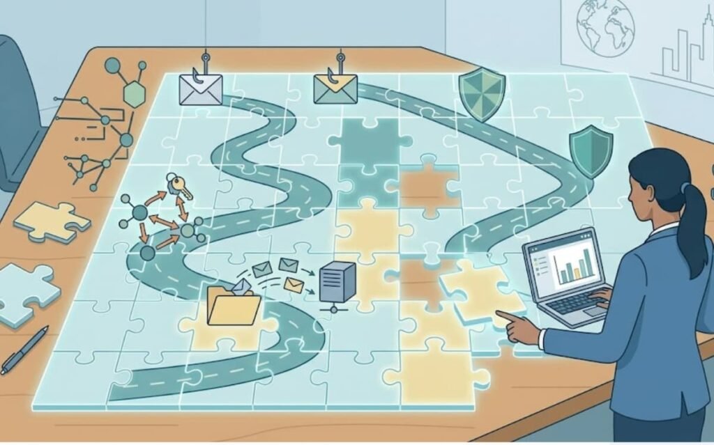 Analyst mapping security controls att&ck framework onto a puzzle-style attack path diagram.