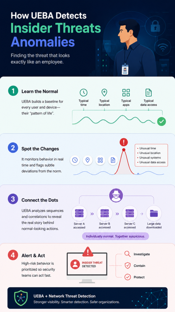 Step-by-step vector flowchart showing how UEBA tracks data, builds a baseline, and flags insider threats. 
