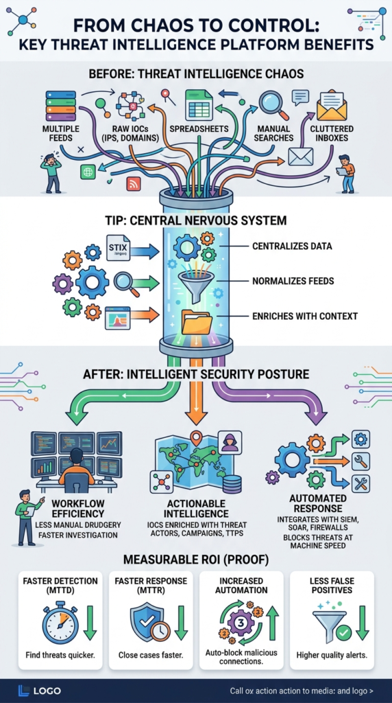 Threat intelligence platform benefits by filtering raw feeds into automated SOC actions.